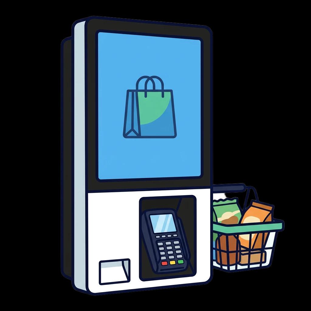 Illustration einer Selfcheckout-Kasse mit integriertem Kartenterminal und Einkaufskorb