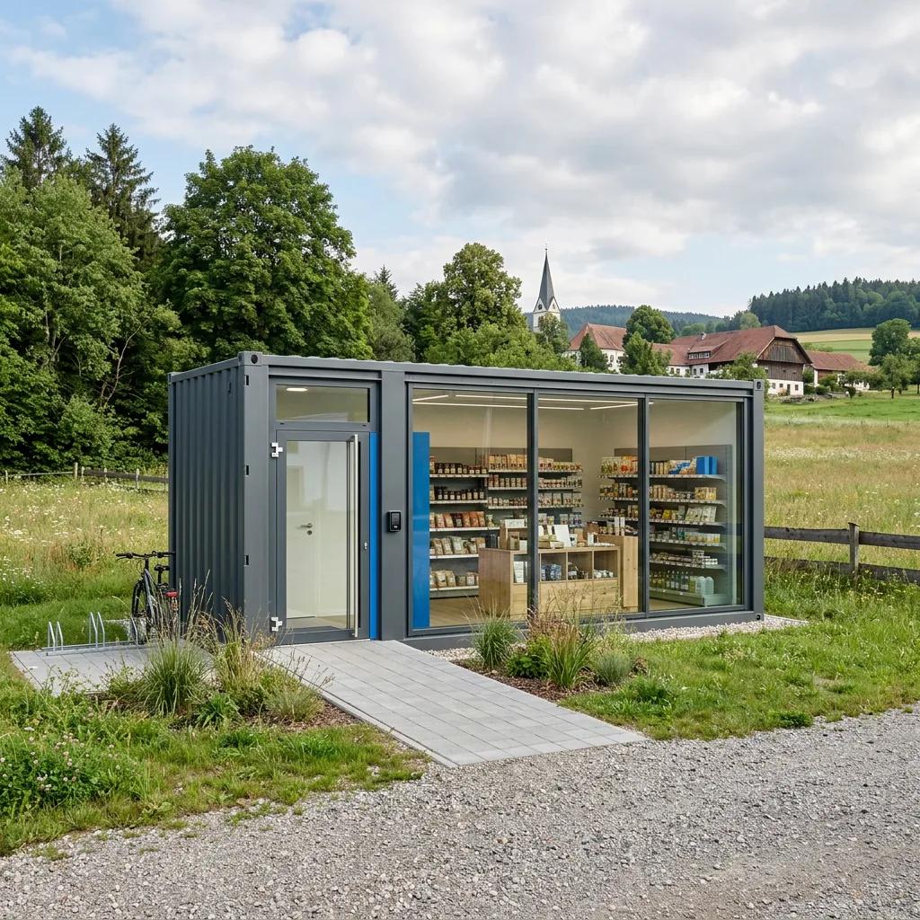 KI-generiertes Konzeptbeispiel eines modularen Container-Smartstores.