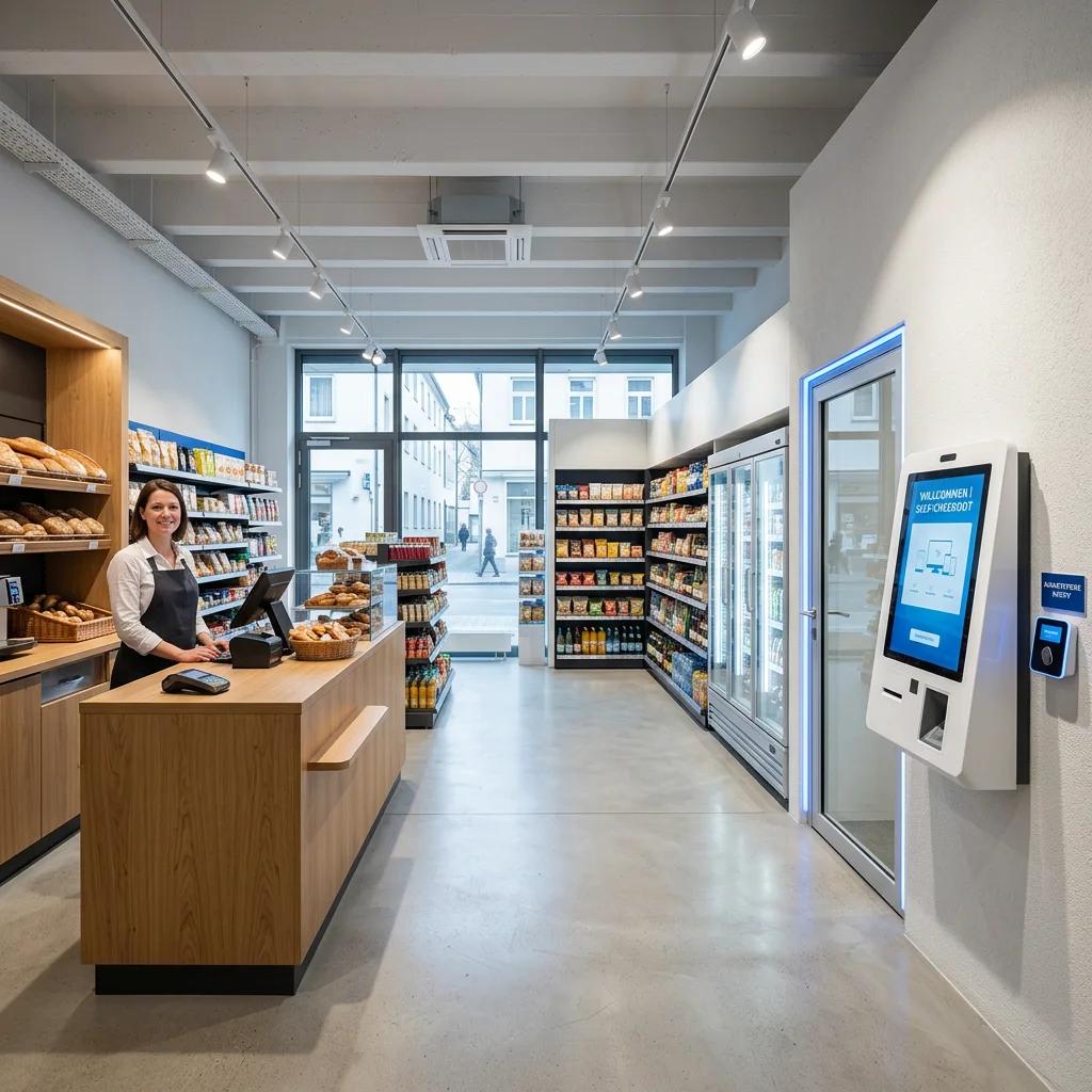 KI-generiertes Konzeptbeispiel einer autonomen Smartstore-Zone in einem bestehenden Geschäft.
