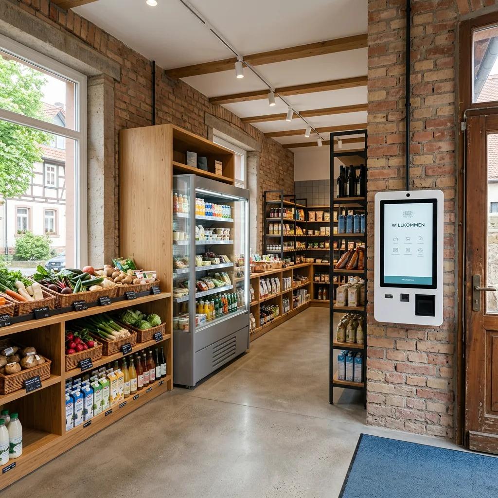KI-generiertes Konzeptbeispiel eines eigenständigen Smartstores in einem festen Gebäude.
