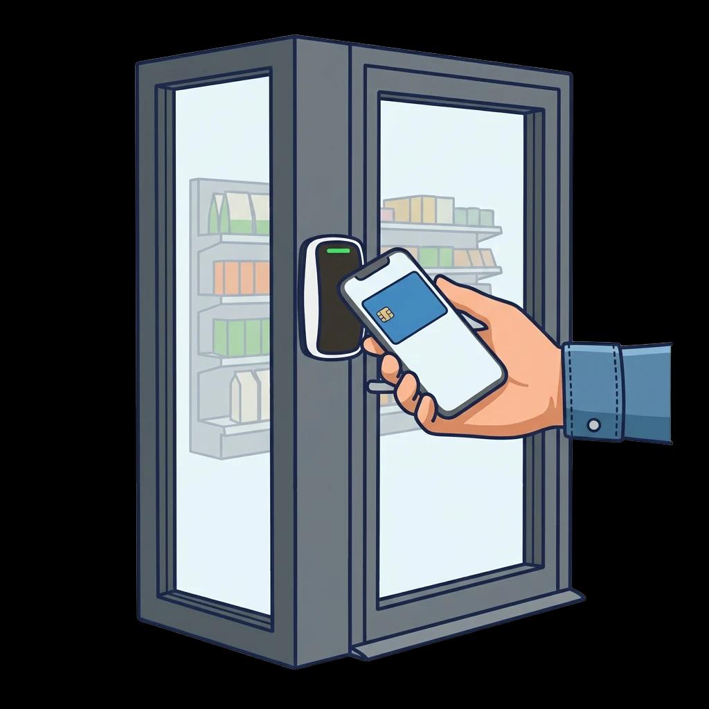 Illustration eines Smartstore-Eingangs mit Zutrittsleser und Smartphone-Wallet