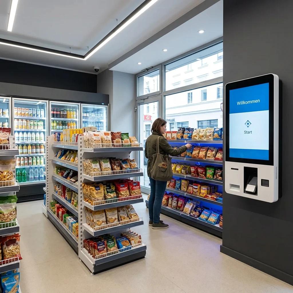 KI-generierte Innenansicht eines Smartstores mit Kundin am Regal und wandmontierter Selfcheckout-Kasse mit Willkommensbildschirm