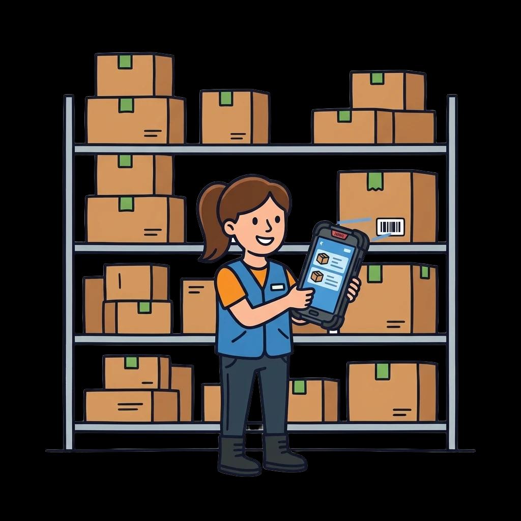 Mitarbeiterin bei der Warenverwaltung mit mobilem MDE-Gerät mit Display und integriertem Barcode-Scanner