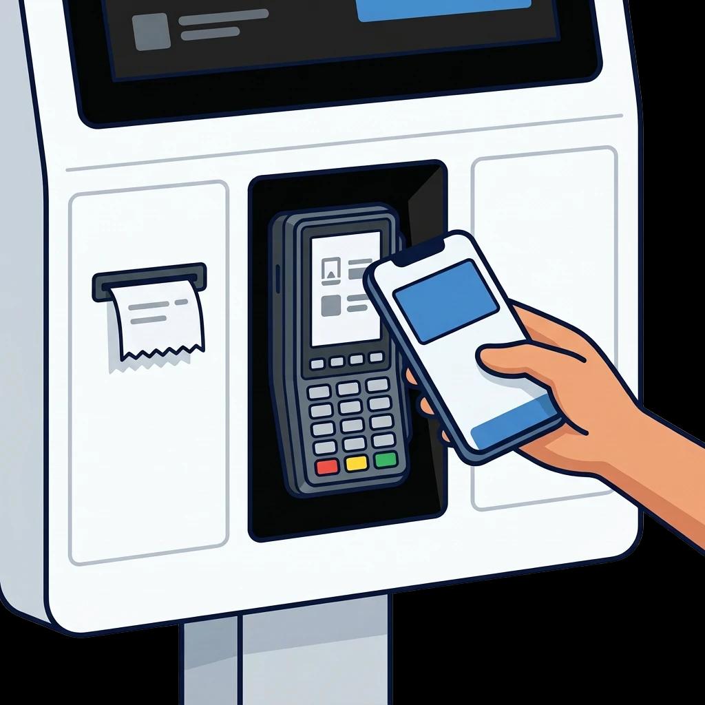 Illustration einer Smartphone-Wallet-Zahlung am integrierten Kartenterminal der Selfcheckout-Kasse mit Bondrucker-Schlitz links