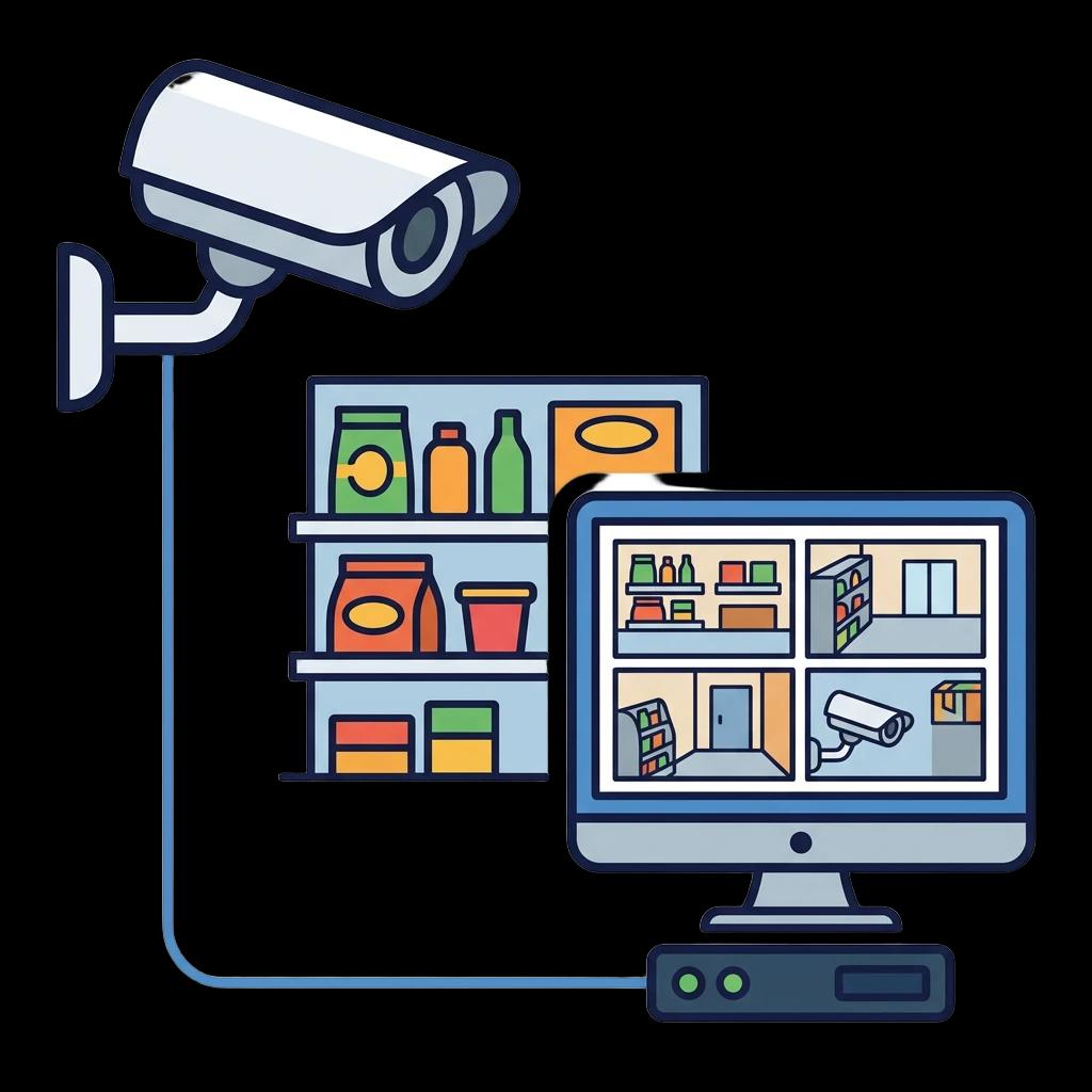 Illustration einer Überwachungskamera, lokaler Videoaufzeichnung und Kameraansichten des Smartstores