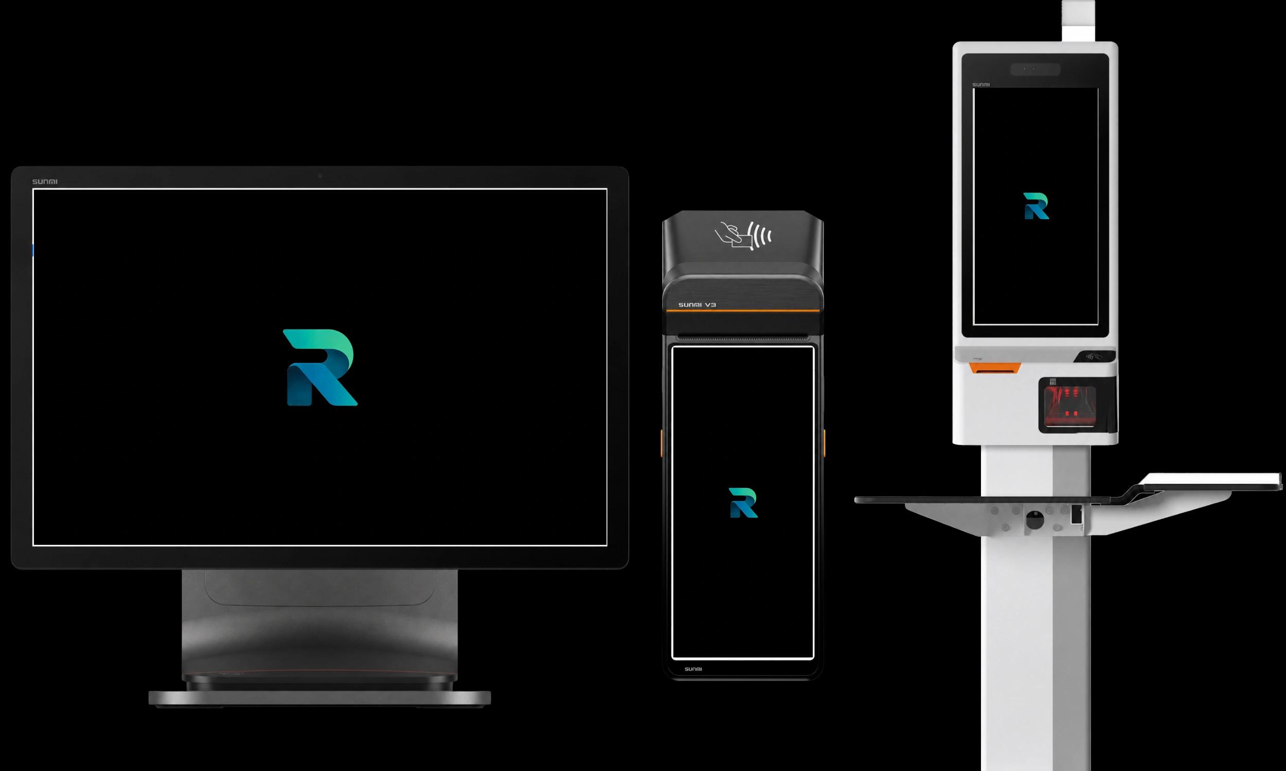 Stationäre Kasse, mobiles Handheld und Selfcheckout-Terminal mit schwarzem Display und RETAILOR-Logo